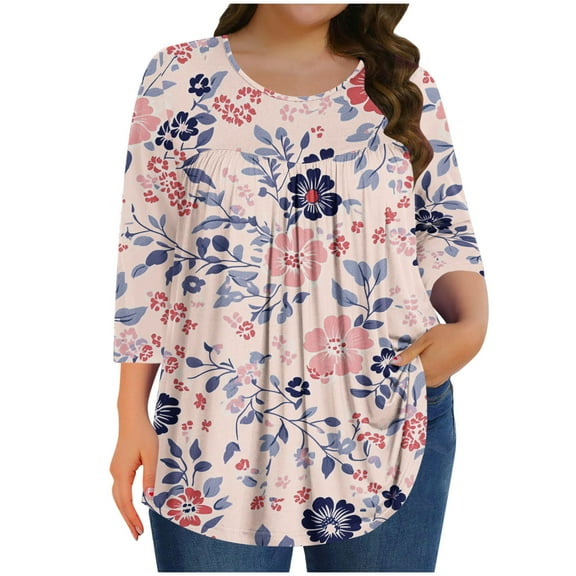 successthop Floral Blouses for Women Plus Size 3/4 Sleeve Tunic Top Crewneck Curved Hem Shirt Print Tops Loungewear