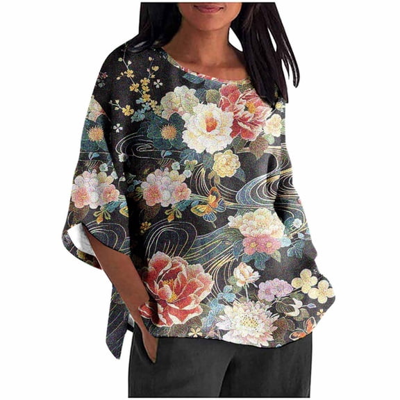 successthop Floral Blouses for Women Plus Size Crinkle Textured 3/4 Sleeve Clothes Crewneck Casual Print Pullover Shirt