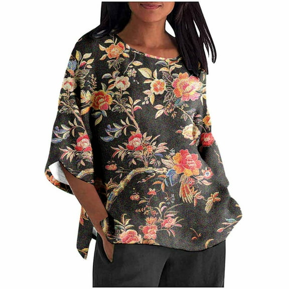 successthop Floral Blouses for Women Plus Size Crinkle Textured 3/4 Sleeve Clothes Crewneck Casual Print Pullover Shirt