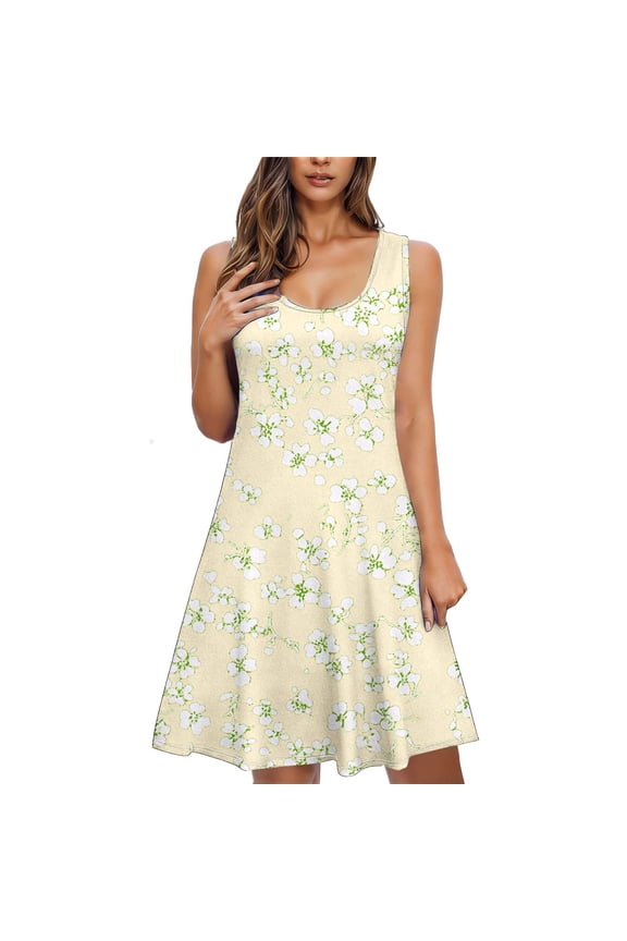 Floral Dresses for Women Sleeveless Knee Length Dress with Pocket Ladies Crewneck Summer Vacation Clothes M