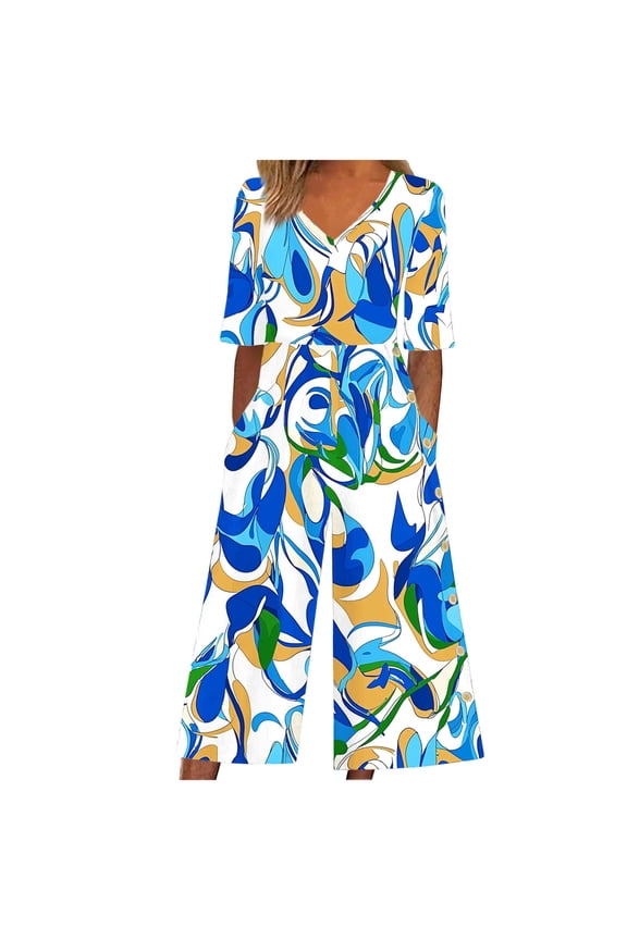 Floral Jumpsuits for Women Summer V Neck Jumper Zip Up Wide Leg Romper Beach Vacation Outfits with Pockets M
