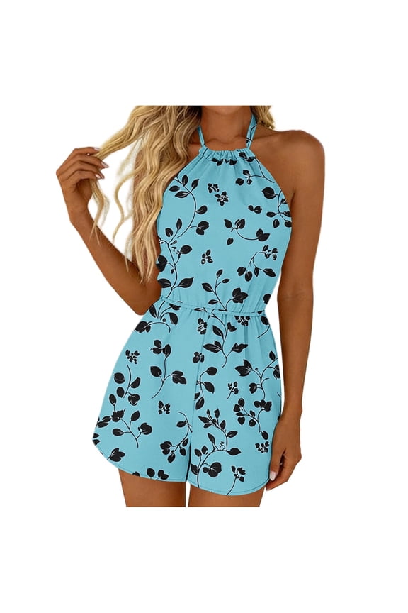 Floral Rompers for Women Summer Jumpsuit Sleeveless Halter Backless Jumper Stretchy Vacation Beach Outfits M