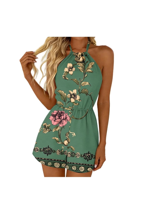 Floral Rompers for Women Summer Jumpsuit Sleeveless Halter Backless Jumper Stretchy Vacation Beach Outfits S