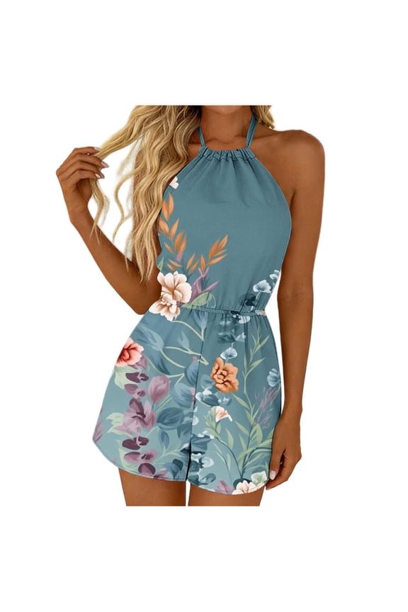 Floral Rompers for Women Summer Jumpsuit Sleeveless Halter Backless Jumper Stretchy Vacation Beach Outfits