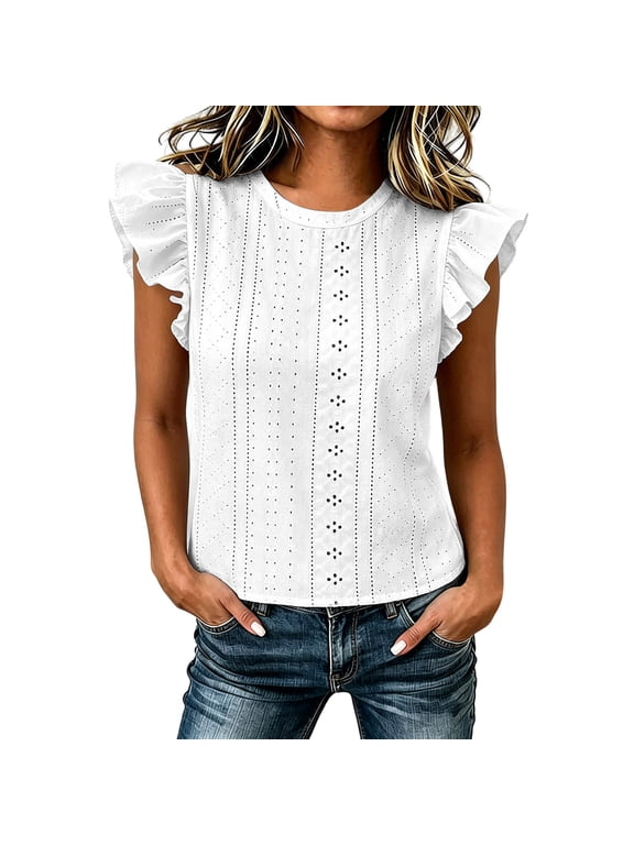 Flutter Sleeve Tops for Women Crewneck Shirt Summer Shirt Plus Size Embroidery Eyelet Casual Clothes White L