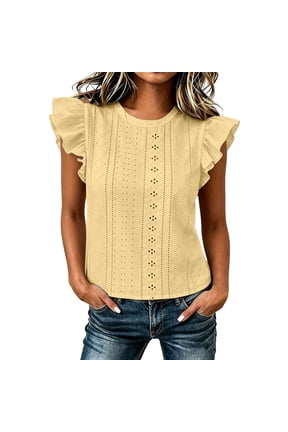 Flutter Sleeve Tops for Women Crewneck Shirt Summer Shirt Plus Size Embroidery Eyelet Casual Clothes Yellow