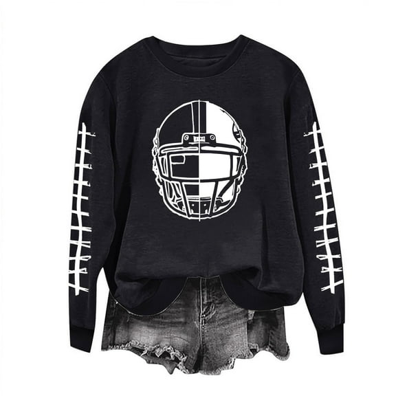 successthop Football Sweatshirt for Women Game Day Rugby Graphic Crewneck Long Sleeve Pullover Sweatshirts Outwear Black