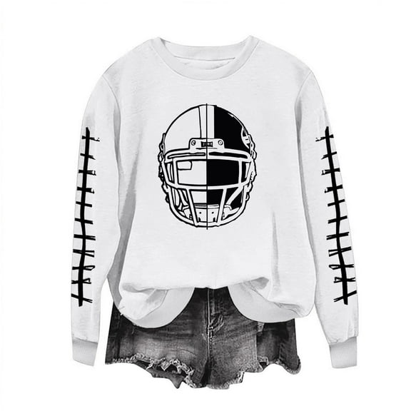 successthop Football Sweatshirt for Women Game Day Rugby Graphic Crewneck Long Sleeve Pullover Sweatshirts Outwear White