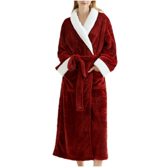 successthop Fuzzy Robe Unisex FLeece Loungewear Belted Long Winter Fall Sleepwear Shawl Collar Bathrobe with Pockets Red