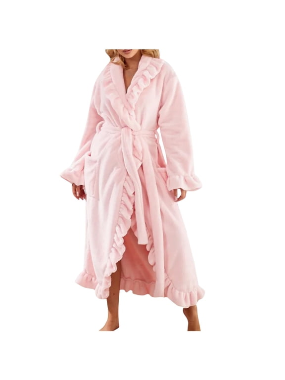Fuzzy Robes for Women FLeece Cozy Belted Long Sleepwear Ruffle Warm Solid Bathrobe with Pockets Pink L