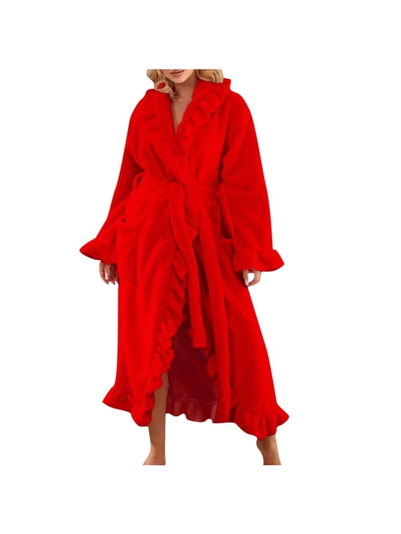 Fuzzy Robes for Women FLeece Cozy Belted Long Sleepwear Ruffle Warm Solid Bathrobe with Pockets Red L