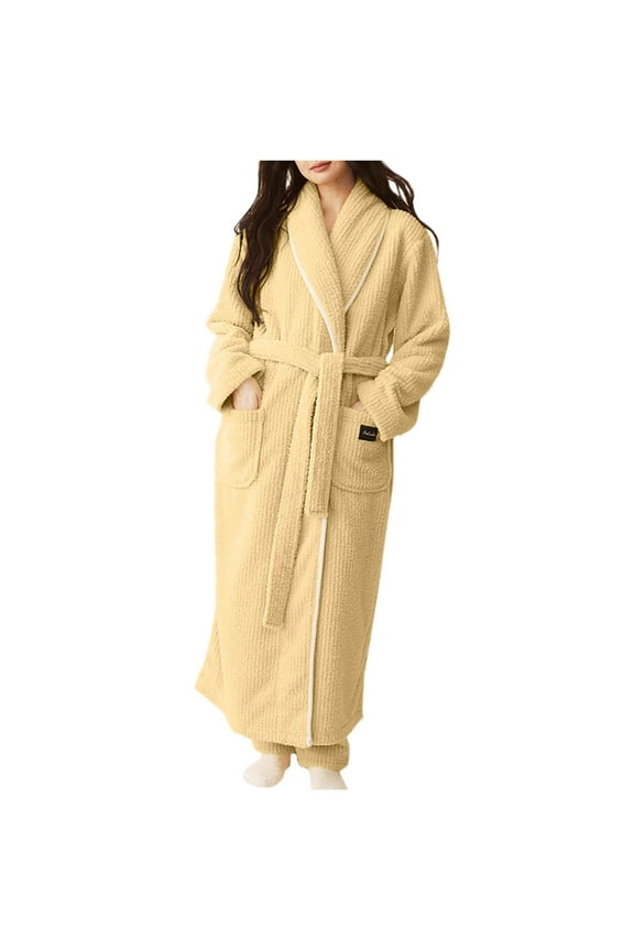 Fuzzy Robes for Women FLeece Loungewear Belted Long Sleepwear Shawl Collar Solid Bathrobe with Pockets L