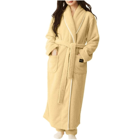 successthop Fuzzy Robes for Women FLeece Loungewear Belted Long Sleepwear Shawl Collar Solid Bathrobe with Pockets XL