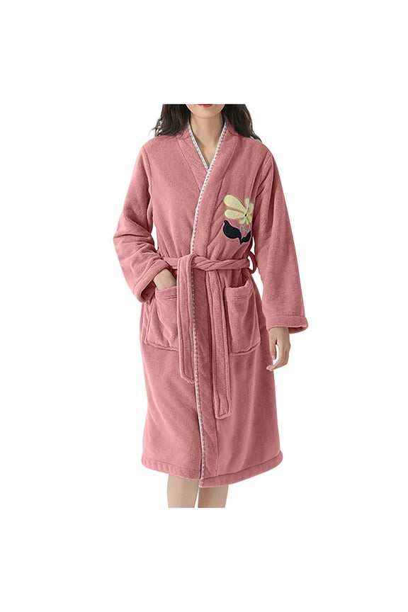 Fuzzy Robes for Women FLeece Soft Belted Winter Sleepwear Shawl Collar Floral Bathrobe with Pockets Pink