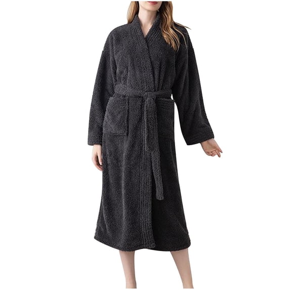successthop Fuzzy Unisex Robe FLeece Soft Belted Long Winter Sleepwear Shawl Collar Solid Bathrobe with Pockets Gray XL