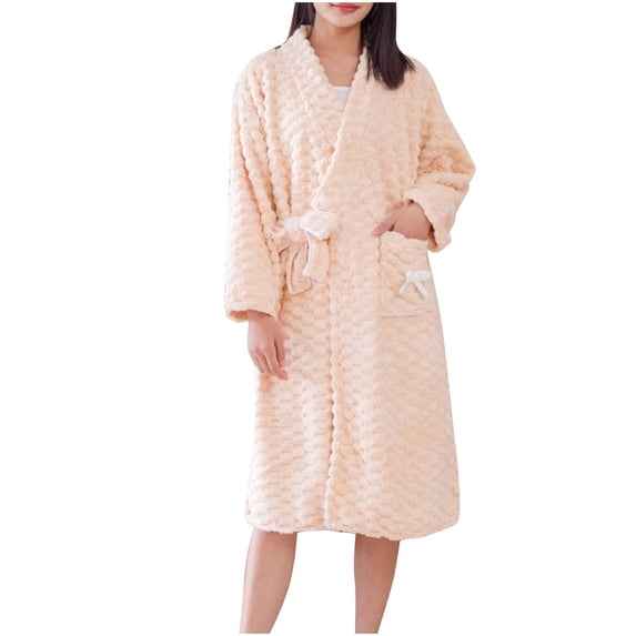 successthop Fuzzy Womens Robe FLeece Soft Belted Oversized Long Winter Sleepwear Warm Solid Bathrobe with Pockets Beige