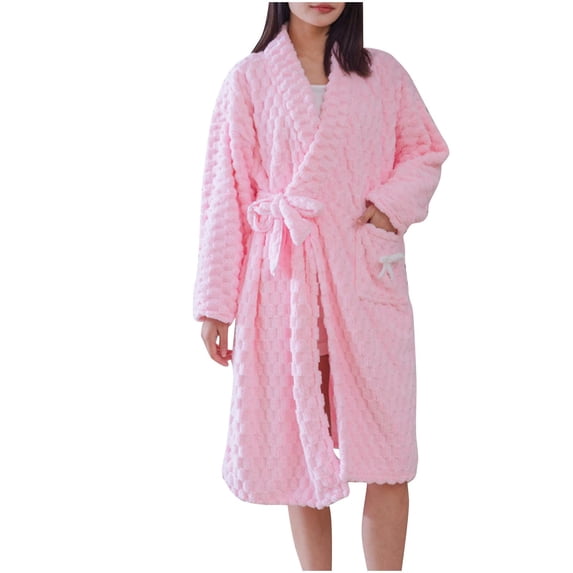 successthop Fuzzy Womens Robe FLeece Soft Belted Oversized Long Winter Sleepwear Warm Solid Bathrobe with Pockets Pink