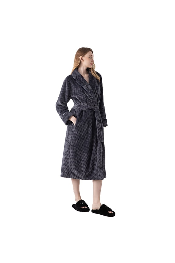 Fuzzy Womens Robe Two Side Fleece Loungewear Belted Winter Fall Sleepwear Solid Bathrobe with Pockets Gray L