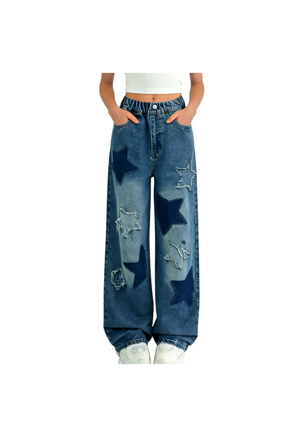 Girls Baggy Jeans Teen 11-12T Star Embroidered Patch Wide Leg Denim Pant with Pockets High Waist Trousers