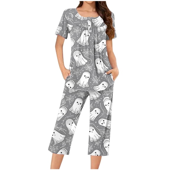 successthop Halloween Ghost Pajama Set for Women 2 Piece Outfits Short Sleeve Tunic Tops and Capri Pant Spooky Sleepwear
