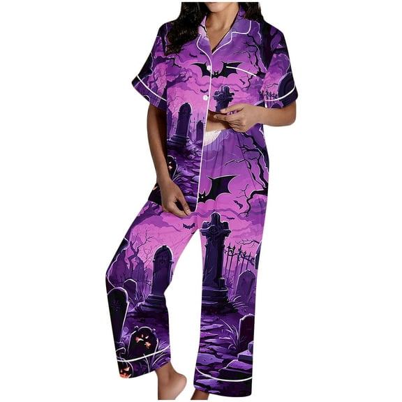successthop Halloween Pajamas Women Short Sleeve Collar Button Down with Pant 2 Pieces with Pockets Loungewear