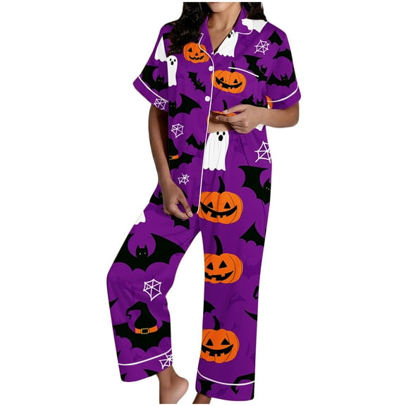 successthop Halloween Pajamas Women Short Sleeve Collar Button Down with Pant 2 Pieces with Pockets Loungewear