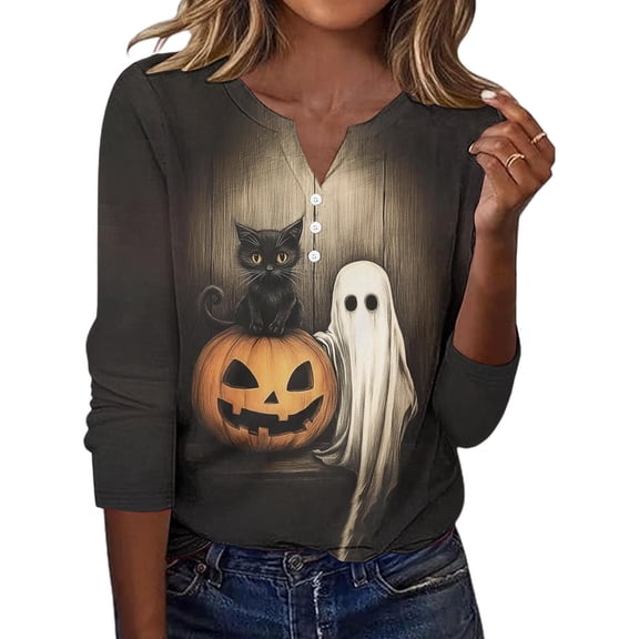 successthop Halloween Shirts Womens Long Sleeve Ghost Holiday V Neck Shirts Pumpkin Spooky Season Kitten Fall Tops