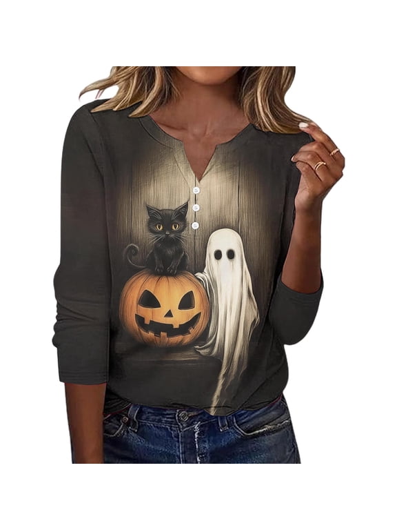 Halloween Shirts Womens Long Sleeve Ghost Holiday V Neck Shirts Pumpkin Spooky Season Kitten Fall Tops