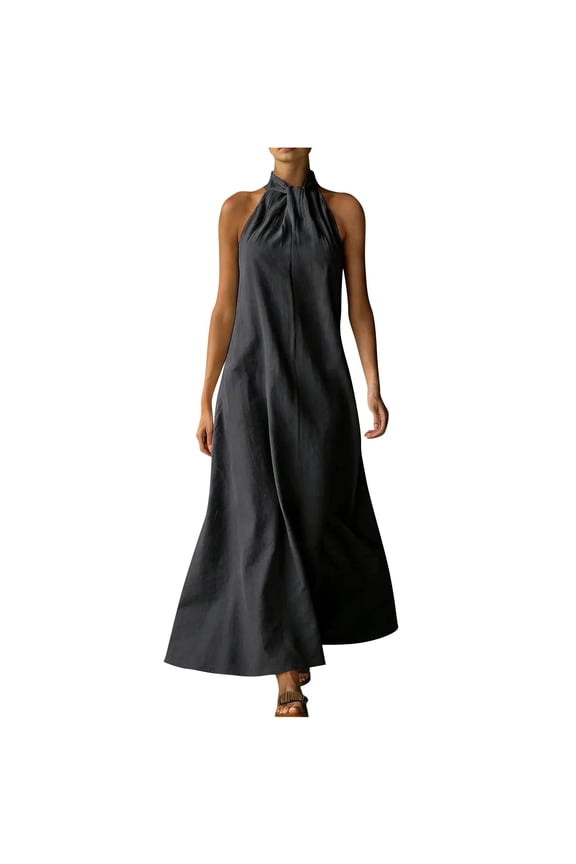Halter Dresses for Juniors Flowy Ruched Sleeveless Maxi Dress A Line Outfits Business Casual Clothes Black L