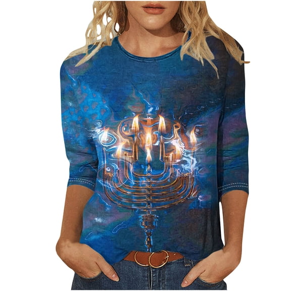 successthop Hanukkah Clothing Women Candle Happy Festival Plus Size Oversized Blouse Lightweight 3/4 Sleeve Tops