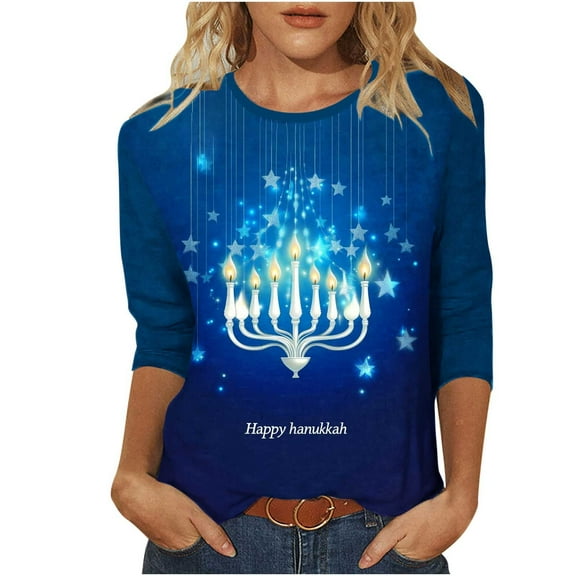 successthop Hanukkah Clothing Women Candle Jewish Oversized Tops Lightweight Crewneck 3/4 Sleeve Blouse Jewish T Shirt