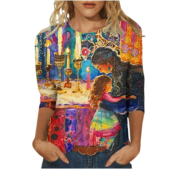 successthop Hanukkah Clothing Women Candle Jewish Plus Size Oversized Lightweight Crewneck 3/4 Sleeve Shirts Blouse