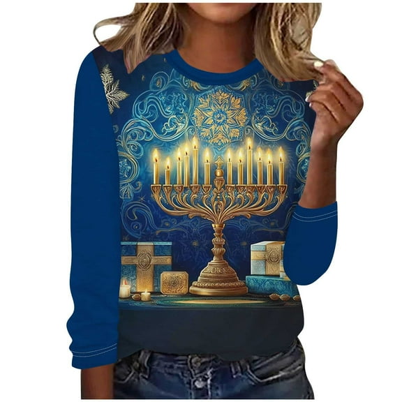successthop Hanukkah Shirts Adult Candle Oversized Tee Lightweight Crewneck Long Sleeve Pullover Tops Festival Clothes