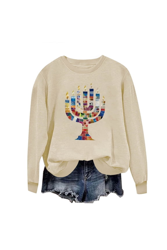 Hanukkah Sweatshirt for Women Candle Fleece Crewneck Long Sleeve Festival Sweater Jewish Pullover Top