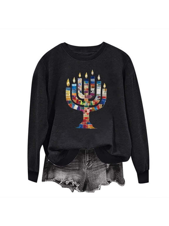 Hanukkah Sweatshirt for Women Candle Fleece Crewneck Long Sleeve Festival Sweater Jewish Pullover Top