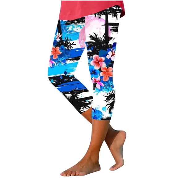 successthop High Waisted Leggings Plus Size Women Casual Loose Capri Pants Bottoms Floral Lightweight Summer Capris XL
