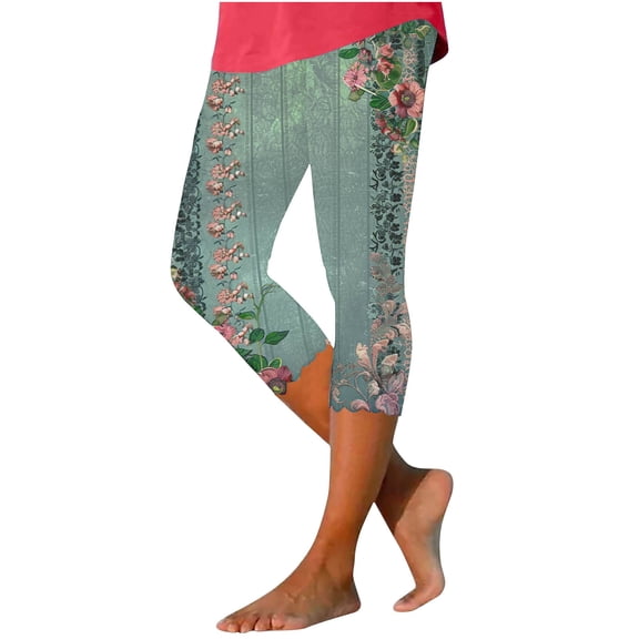 successthop High Waisted Womens Leggings Casual Plus Size Loose Capri Capris Bottoms Floral Lightweight Summer Pants M