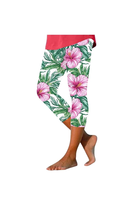 High Waisted Womens Leggings Casual Plus Size Loose Capri Capris Pants Floral Lightweight Summer Bottoms 2XL