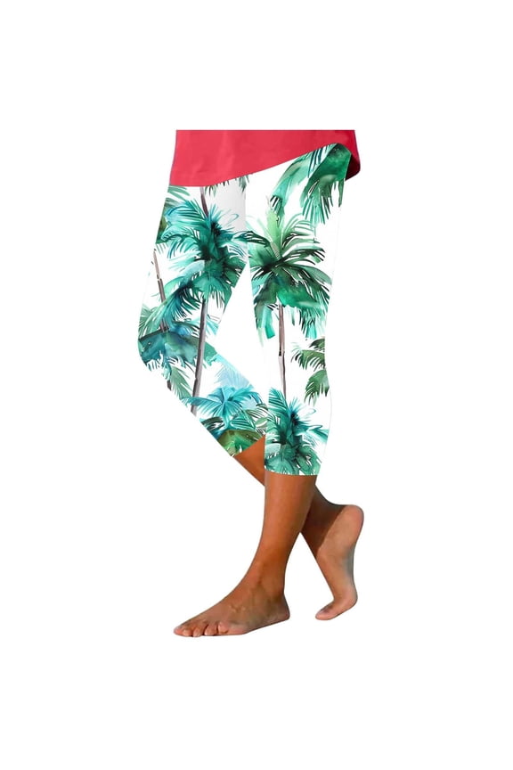High Waisted Womens Leggings Plus Size Loose Capri Bottoms Pants Tree Print Lightweight Summer Capris 3XL