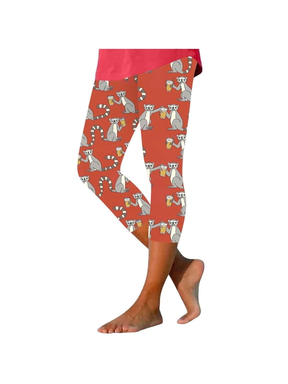 High Waisted Womens Leggings Plus Size Loose Capri Pants Bottoms Animals Print Lightweight Summer Capris L