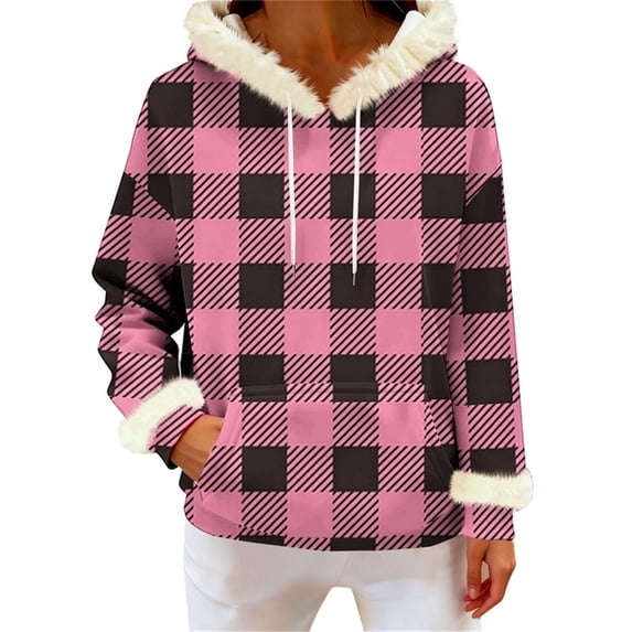 successthop Hoodie for Women Pullover with Pockets Long Sleeve Drawstring Top Plus Size Fleece Neck Checkered Streetwear