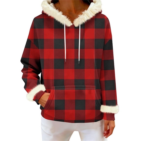 successthop Hoodie for Women Pullover with Pockets Long Sleeve Drawstring Top Plus Size Fleece Neck Checkered Streetwear