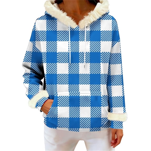 successthop Hoodie for Women Pullover with Pockets Long Sleeve Drawstring Top Plus Size Fleece Neck Checkered Streetwear