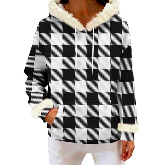 successthop Hoodie for Women Pullover with Pockets Long Sleeve Drawstring Top Plus Size Fleece Neck Checkered Streetwear