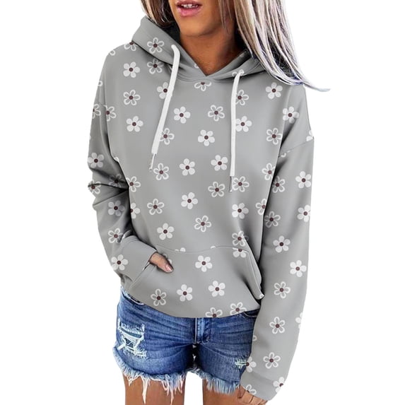 successthop Hoodies for Women Plus Size Long Sleeve Hooded Sweatshirt Drawstring Top Floral Streetwear with Pockets Gray
