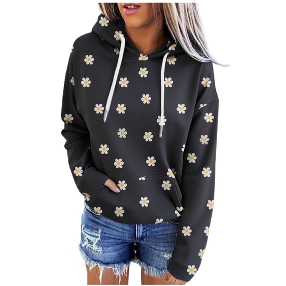 successthop Hoodies for Women Plus Size Long Sleeve Hooded Sweatshirt Drawstring Top Floral Streetwear with Pockets XL