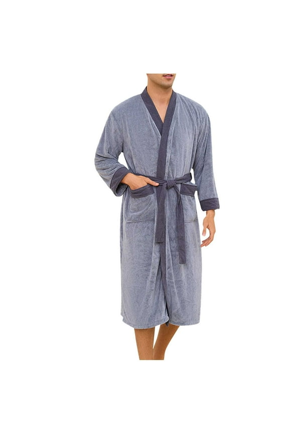 House Robes for Men Long Bathrobe with Pockets Oversized Housecoat Warm Bath Belted Solid Sleepwear Gray M