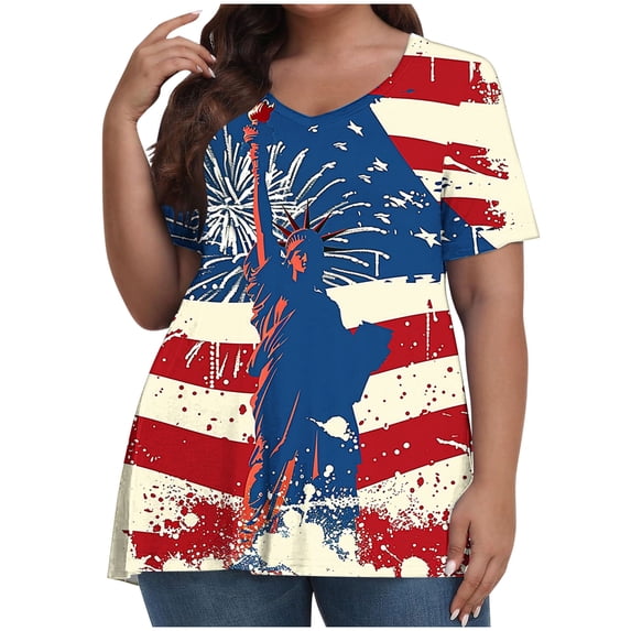 successthop Independence Day Womens T Shirt Flags Plus Size USA Birthday Tunic Tops Casual Shirts Crewneck Clothes 3XL