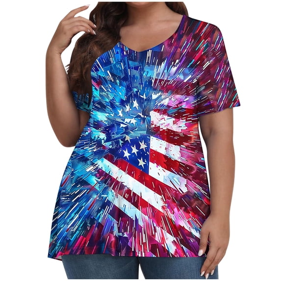 successthop Independence Day Womens T Shirt Flags Plus Size USA Birthday Tunic Tops Casual Shirts Crewneck Clothes XL