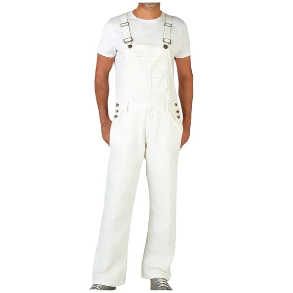 successthop Jean Overalls for Men Loose Denim Pant Button Washed Trousers Zip Up Summer Clothes with Front Pockets White